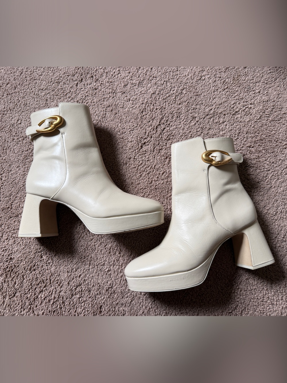 Larroude Cream Leather Platform Ankle Boots with Gold Buckle